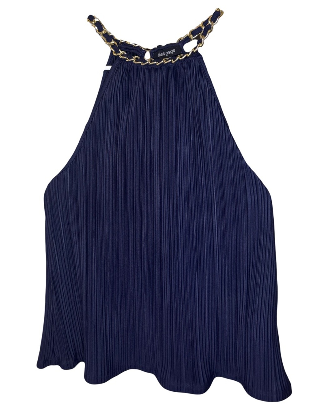 Cable & Gauge Navy Blue Pleated Halter Top with Gold Chain